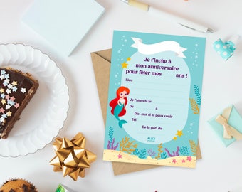 10 Cartes invitation anniversaire Sirène + 10 enveloppes - Fille Garçon 5-11 ans
