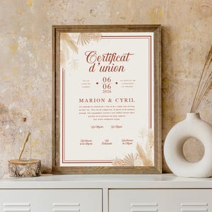 Certificat d'Union Mariage Bohème Pampa Terracotta - Affiche Cérémonie Laïque Champêtre Personnalisée - PDF A4 A3 A2 - Mariage Bohème Nature