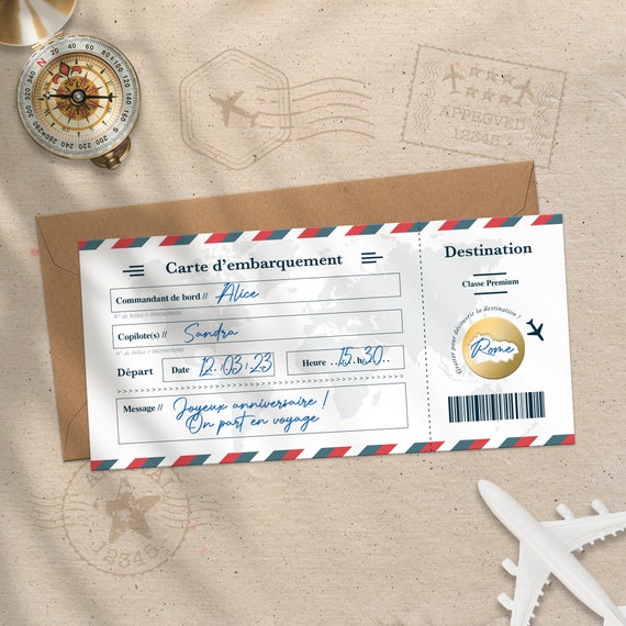 Annonce voyage surprise - carte à gratter d'embarquement - billet  personnalisable