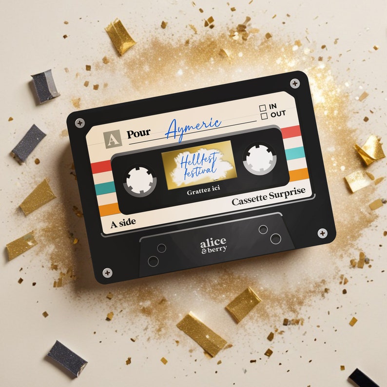 Carte à Gratter Concert Personnalisable - Cadeau festival Musique - Ticket à Gratter Surprise - Bon pour - Cassette Vintage Noire
