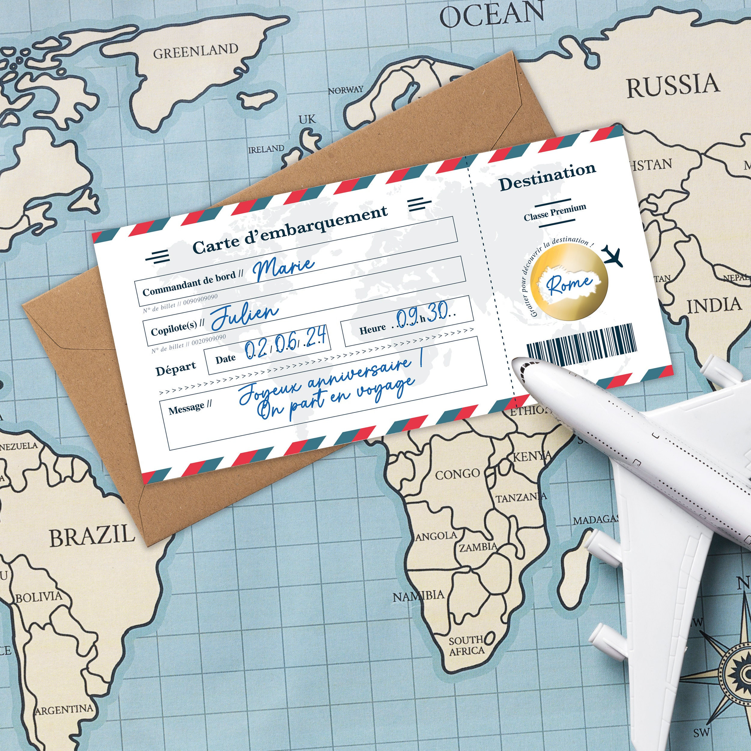 2 Cartes à Gratter "billet D'avion" Personnalisables - Cadeau Surprise Pour Anniversaire, Voyage