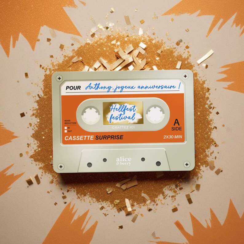 Carte à Gratter Concert Personnalisable - Cadeau festival Musique - Ticket à Gratter Surprise - Bon pour - Cassette Vintage Beige