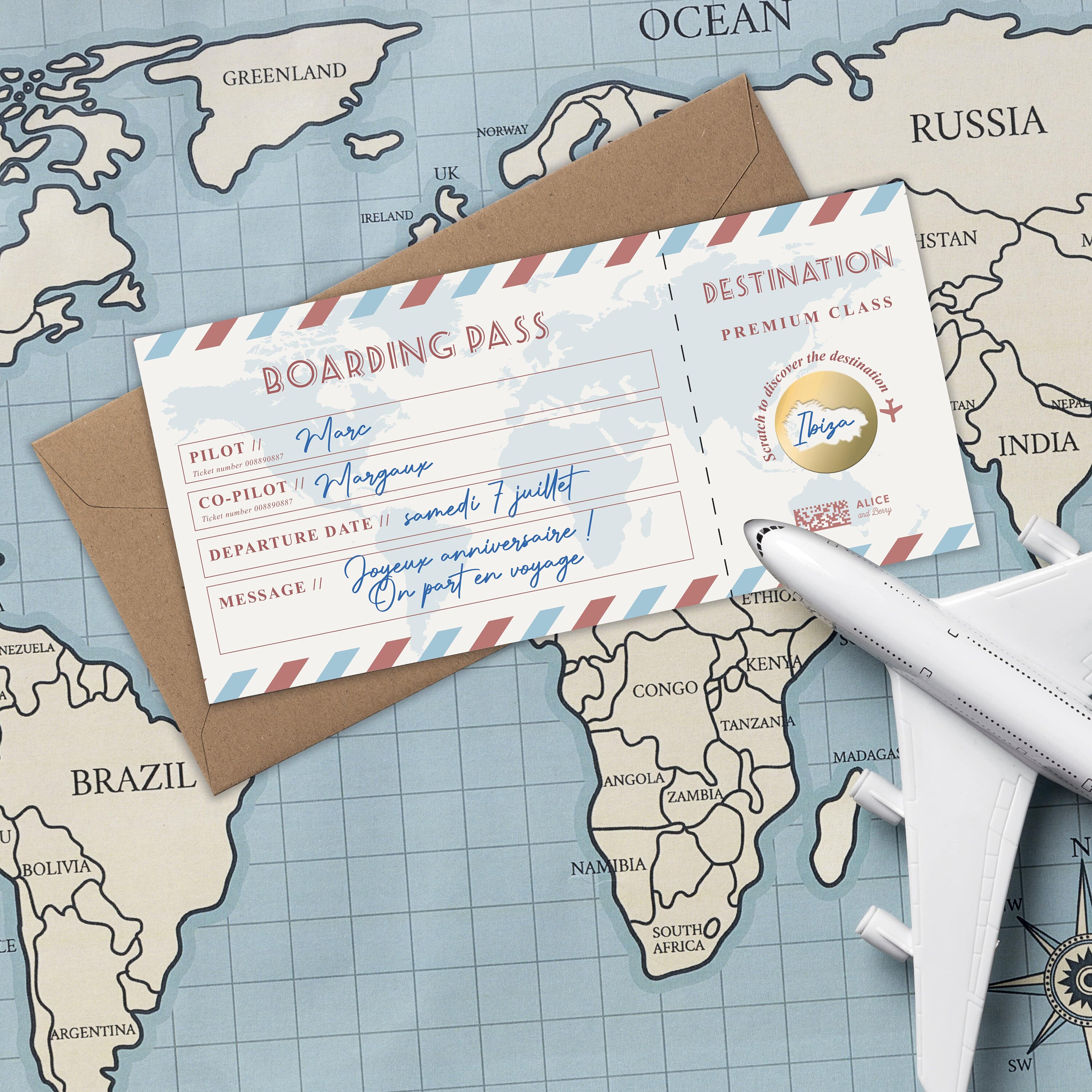 Annonce voyage surprise - carte à gratter d'embarquement - billet
