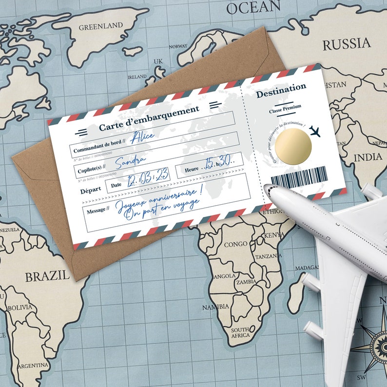 Carte à Gratter Annonce Voyage Surprise Carte d'Embarquement Cadeau à Offrir Billet d'avion Personnalisable Bon voyage Modèle blanc image 6