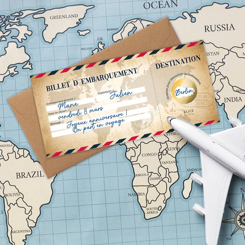 Carte à Gratter Annonce Voyage Surprise - Carte Embarquement Cadeau à Offrir - Billet d'avion Personnalisable - Bon voyage - Modèle vintage image 1