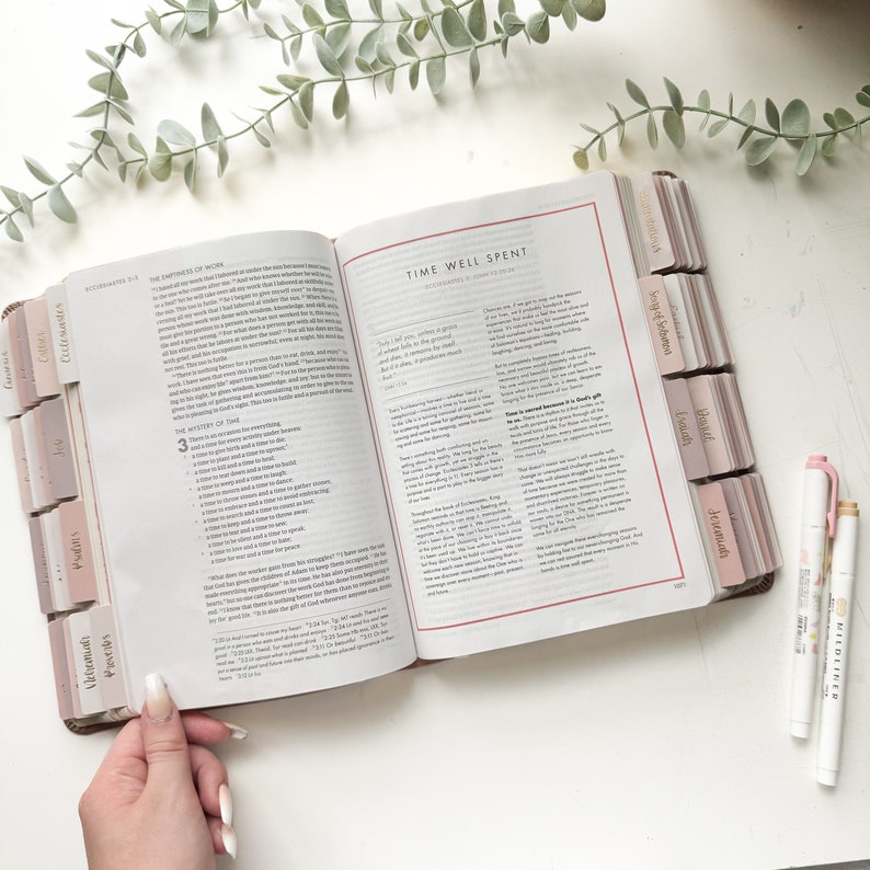 Puede incluir: Biblia abierta con pesta&ntilde;as rosas y beige, con el texto "TIME WELL SPENT". Las p&aacute;ginas est&aacute;n abiertas a un cap&iacute;tulo con texto. Tambi&eacute;n son visibles dos resaltadores y una ramita de vegetaci&oacute;n.