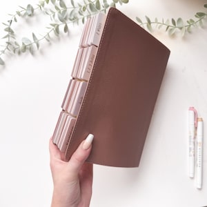 Puede incluir: Una Biblia marr&oacute;n con pesta&ntilde;as etiquetadas. Las pesta&ntilde;as son en tonos de rosa y blanco, con etiquetas de texto. La Biblia est&aacute; sostenida en una mano. Dos resaltadores blancos con tapas rosas y beige est&aacute;n sobre la superficie blanca.