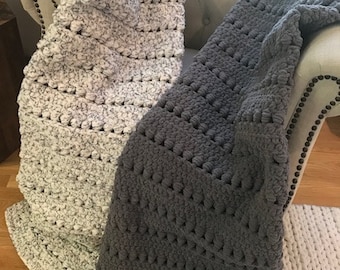 Chunky Throw Blanket, Cozy Large Crochet Blanket, Afghan, Bead Stitch Pattern  with Thick Border