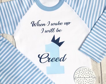 Pijama de cumpleaños personalizada, pijama a rayas, bebé niño, primer cumpleaños
