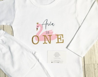 Personalised 1st Birthday Pyjamas, Baby Girl PJs, swan theme, first, birthday girl