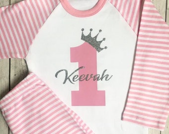 Pijamas de cumpleaños personalizados, 1.er, 2.º, 3.er y 4.º cumpleaños, pijamas de rayas y nubes para niñas