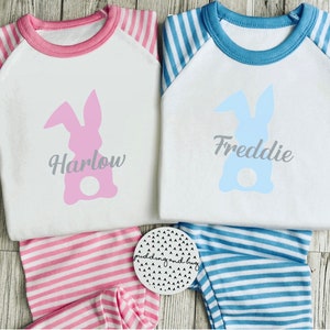 Personalised Easter pyjamas. Girls, boys and baby, bunny, rabbit pjs and babygrow