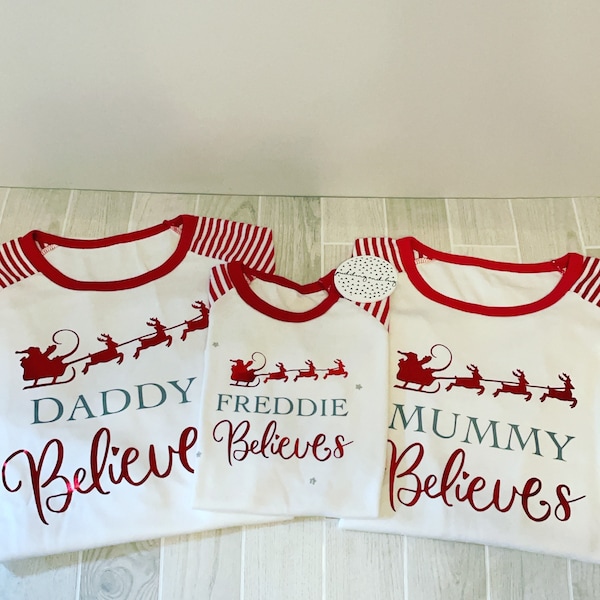 Personalised matching family Christmas pyjamas. Girls, boys, mum, dad and baby, believe candy cane reindeer pjs