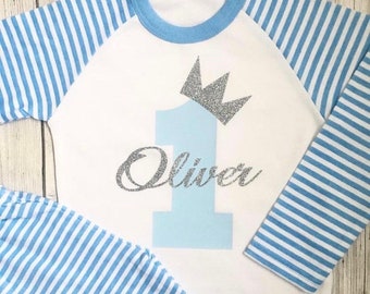 Pijamas de cumpleaños personalizados, 1.er, 2.º, 3.er y 4.º cumpleaños, pijama de rayas para bebé niño
