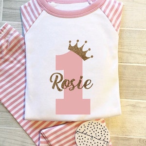 Personalised Birthday Pyjamas, 1st, 2nd, 3rd and 4th birthday, Baby Girls stripes, clouds PJs