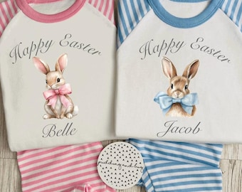 Personalised Easter pyjamas. Girls, boys and baby, bunny, rabbit pjs and babygrow