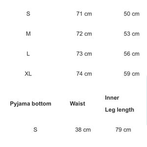 Puede incluir: Tabla de tallas para pijamas con medidas en cent&iacute;metros para la parte superior e inferior. La tabla incluye las tallas S, M, L y XL. Las medidas de la parte superior incluyen la longitud desde el hombro hasta el dobladillo y el pecho. Las medidas de la parte inferior incluyen la cintura y la longitud interior de la pierna.
