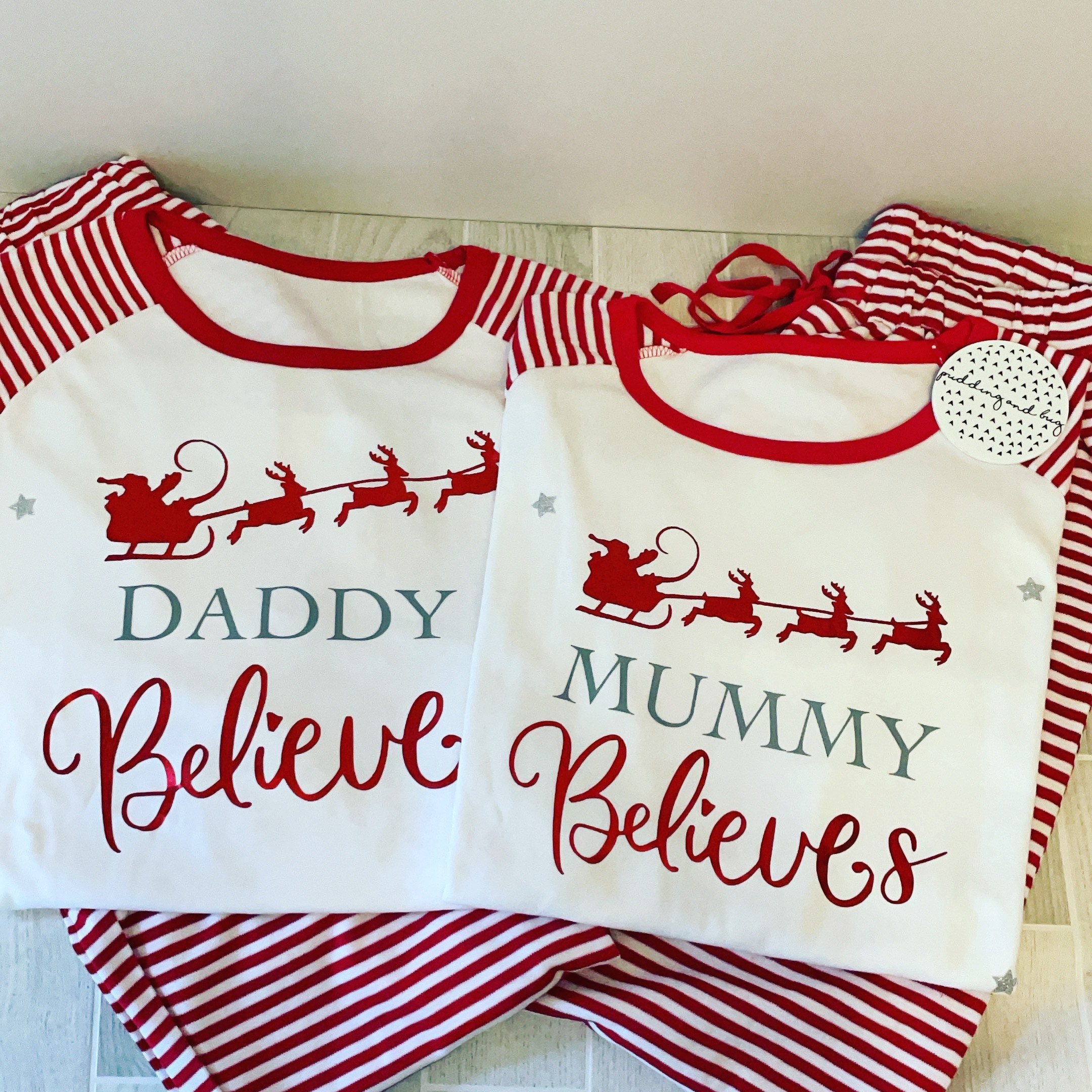 Personalised matching family Christmas pyjamas. Girls, boys, mum, dad and baby, believe candy cane reindeer pjs