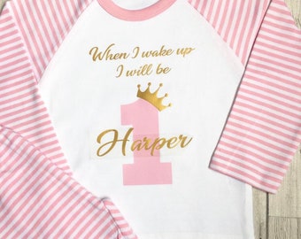 Personalised birthday pjs, When I Wake Up I will be Pyjamas, Baby Girl, 1st, 2nd, 3rd, 4th birthday, stripes, birthday girl