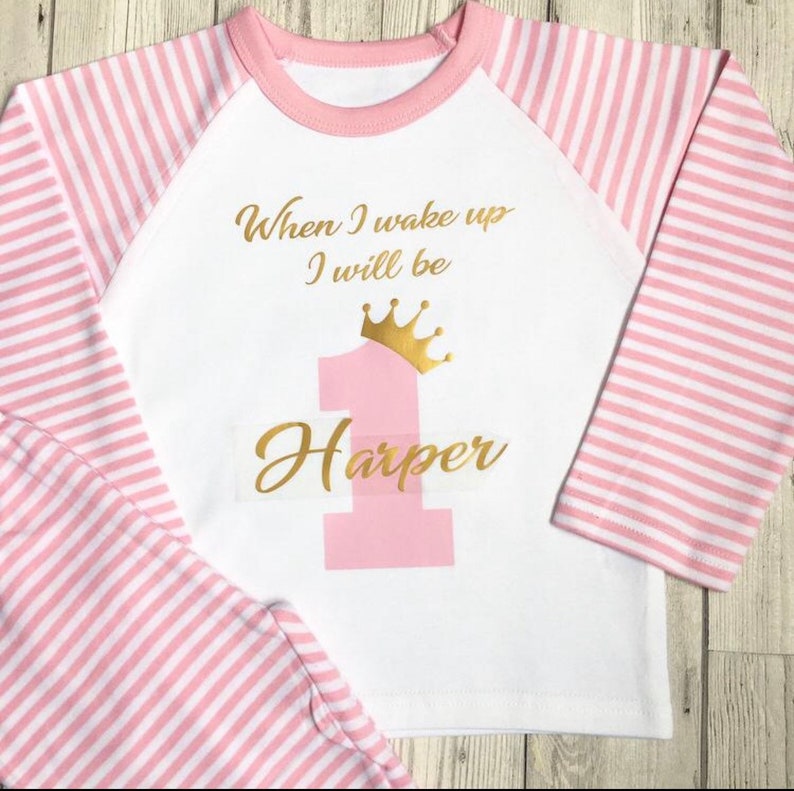 Personalised birthday pjs, When I Wake Up I will be Pyjamas, Baby Girl, 1st, 2nd, 3rd, 4th birthday, stripes, birthday girl