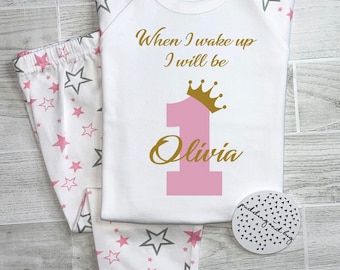 Pijama de cumpleaños personalizada, para niña, con estrellas y rayas