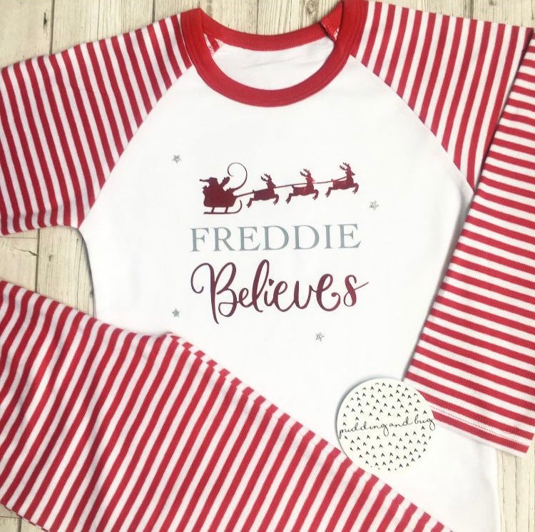 Personalised matching family Christmas pyjamas. Girls, boys, mum, dad and baby, believe candy cane reindeer pjs