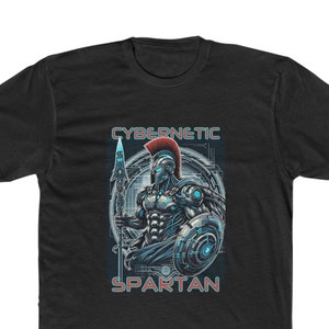 May include: Black t-shirt with a graphic of a cybernetic Spartan warrior holding a spear and shield. The text "Cybernetic Spartan" is printed below the image.