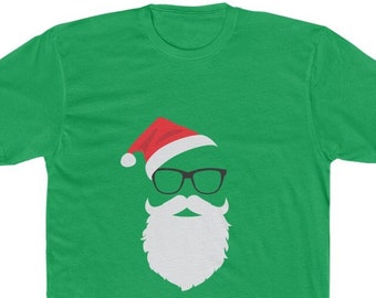 Hipster Santa Face with Hat beard & Glasses Christmas Premium Cotton Crew Tee