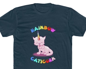 Rainbow Caticorn Cute Cat and Unicorn Cartoon Kitty Premium Cotton Crew Tee