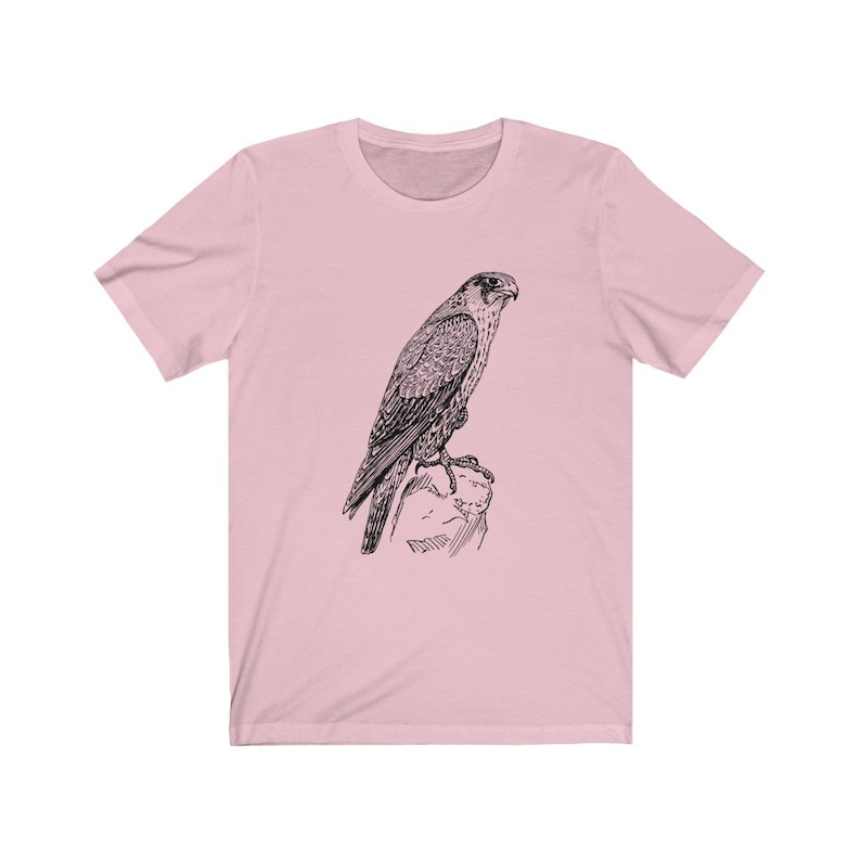 May include: A pink t-shirt featuring a black and white line drawing of a falcon perched on a rock.