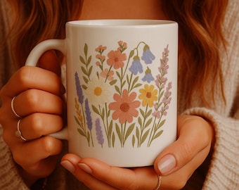 Cottagecore Floral Coffee Mug: Embroidered Wildflower Design, 20oz
