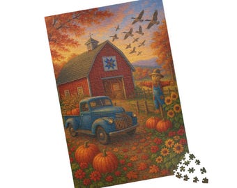 May include: A blue pickup truck with a wooden bed is filled with pumpkins and is parked in front of a red barn with a star quilt block. A scarecrow stands in the field with pumpkins and sunflowers.