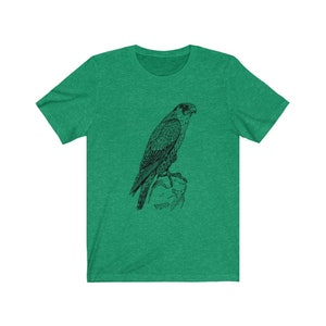 May include: A green t-shirt featuring a black and white illustration of a falcon perched on a rock.