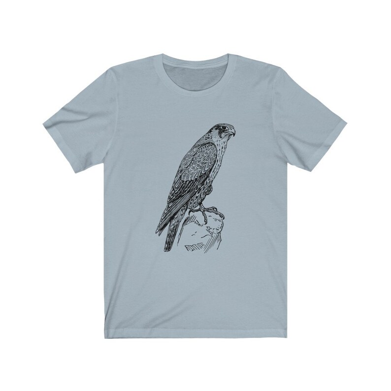 May include: A light blue t-shirt featuring a black and white illustration of a falcon perched on a rock.