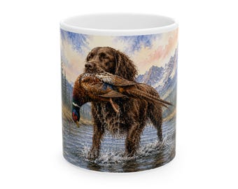 Boykin Spaniel Hunting Dog Coffee Mug, Watercolor Retriever with Pheasant, Ceramic Mug, 11 oz 15 oz 20 oz, White or Black Mug Gift