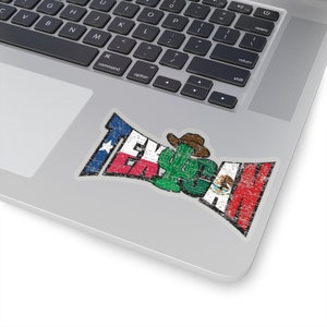 May include: A distressed sticker with the word "Texican" in a bold font. The sticker features a cactus wearing a cowboy hat and the Texas and Mexican flags.