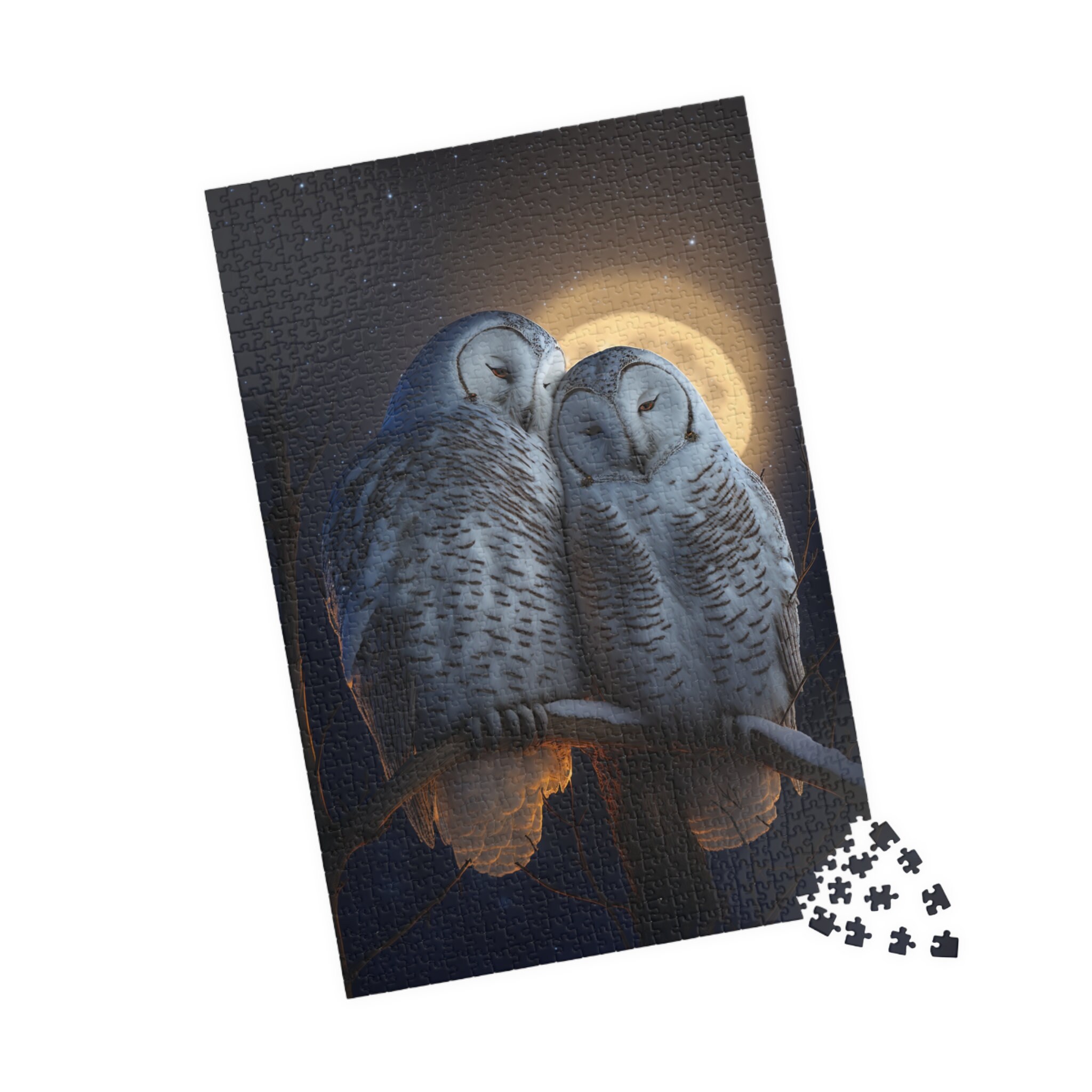 Snow Owls Cuddling On A Branch In The Moonlight Puzzle (110, 252, 500, 1014-piece)