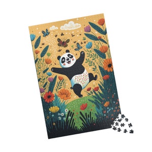 May include: A black and white panda bear with a happy expression jumps in the air surrounded by colorful flowers and butterflies on a yellow background.