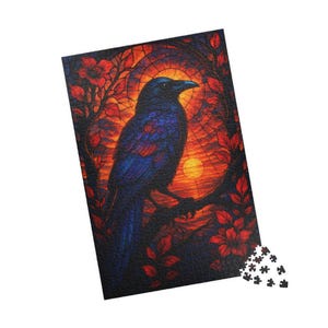 Stained Glass Raven Jigsaw Puzzle: Mystical Floral Design