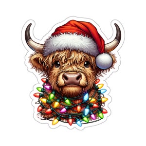 Santa Highland Cow Tangled Up In Christmas Lights Holiday Kiss-Cut Stickers