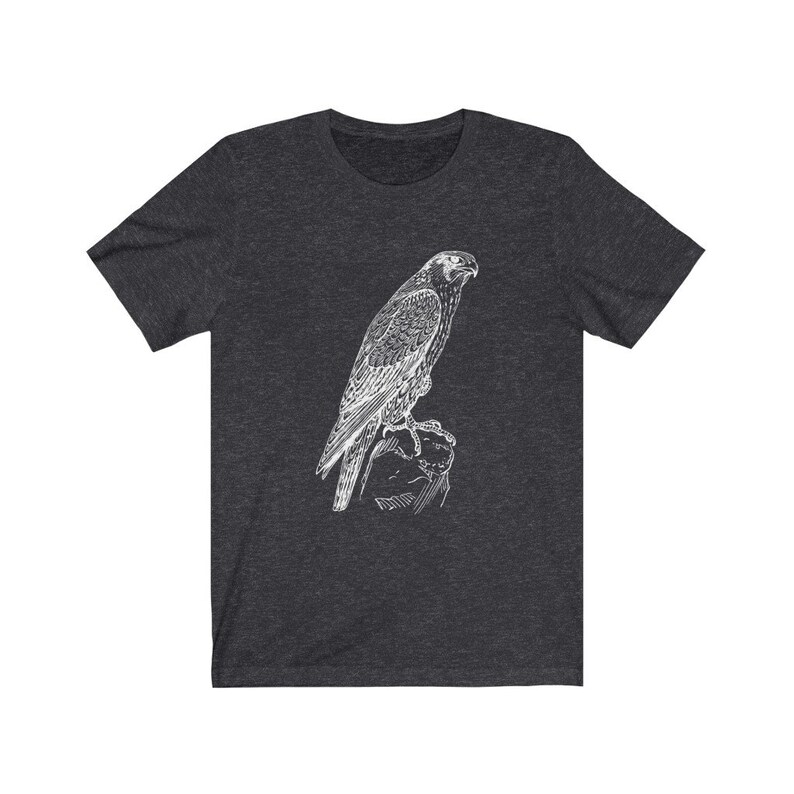 May include: A dark heather grey t-shirt featuring a white outline drawing of a falcon perched on a rock.