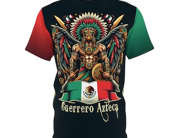 May include: A black t-shirt with a colorful graphic of an eagle warrior wearing a feathered headdress and holding a shield with the Mexican flag. The text "Guerrero Azteca" is printed below the image.