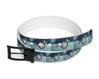 South Carolina Flag Pattern Palm Tree Crescent Moon Distressed Belt