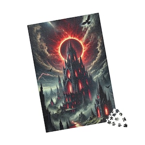 May include: A black gothic castle with red glowing windows stands against a dark sky with a red ring around the sun. The castle is surrounded by trees and fog.