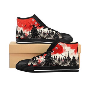 Anime Style, Japanese Samurai Army Fighting With Enemy Large Scene Battlefield In Black Outline Style Classic Men's Canvas Sneakers