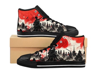 Anime Style, Japanese Samurai Army Fighting With Enemy Large Scene Battlefield In Black Outline Style Classic Men's Canvas Sneakers