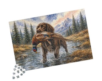 Boykin Spaniel Pheasant Retriever Watercolor Hunting Jigsaw Puzzle | Mountain Stream Scene