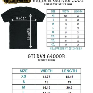 May include: Size chart for Bella + Canvas 3001 unisex cotton t-shirts and Gildan 64000B youth t-shirts. The chart shows the width and length measurements in inches for each size, from XS to 4XL.