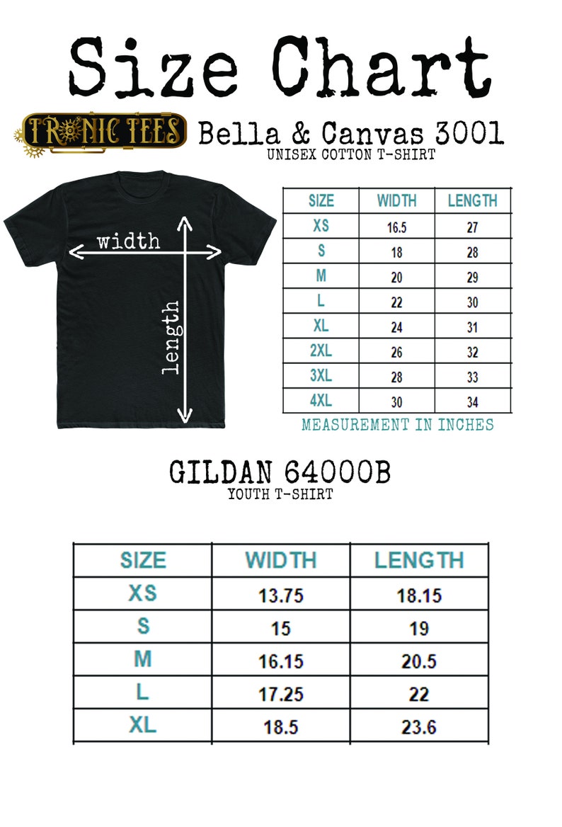 May include: Size chart for Bella + Canvas 3001 unisex cotton t-shirts and Gildan 64000B youth t-shirts. The chart shows the width and length measurements in inches for each size, from XS to 4XL.
