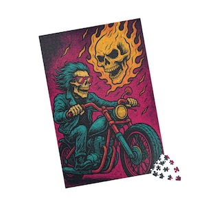Flaming Skull Rider on Motorcycle Jigsaw Puzzle - Perfect Gift for Bikers, Gothic Art Lovers, and Puzzle Enthusiasts, Fun Family Activity